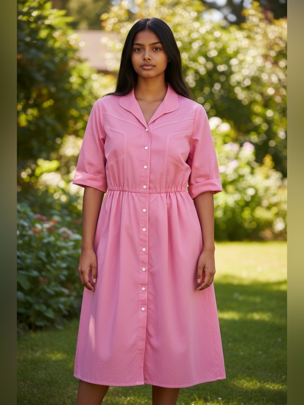Vintage Willi of California Pink Button-Front Midi Dress with Notch Collar